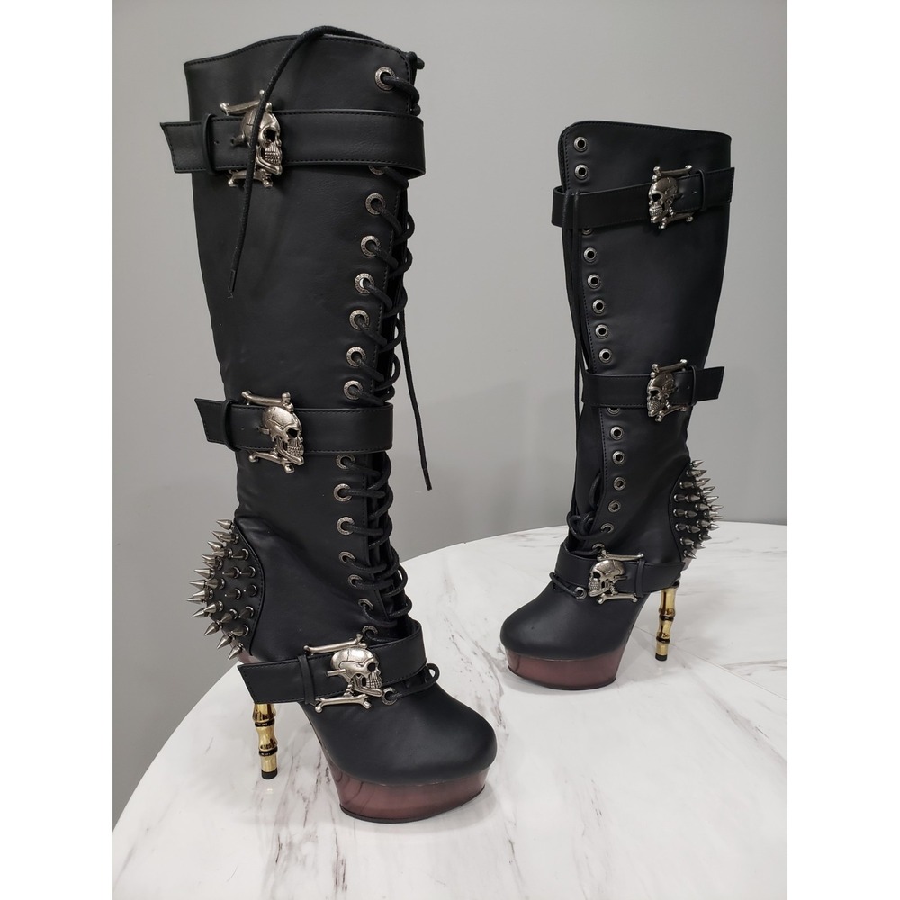 SZ 7 DEMONIA Muerto Bone High Heel Spiked Skull Buckle Moto gothic Knee Boots